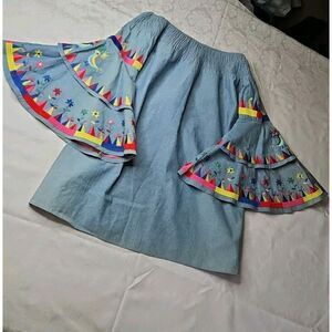 Va Va by Joy Han EMBROIDERED LAYERED BELL SLEEVE Off The Shoulder Chambray S/M